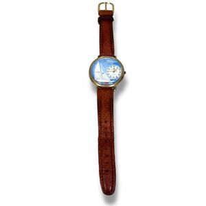 Vintage Marie Lourdes Sailboat Watch Gold Tone Quartz Leather Straps UNTESTED